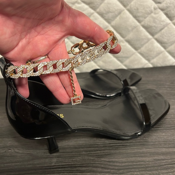 Guess Kitten Heel Black Gold Rhinestone Ankle Strap Open Toe Stiletto sz 10 - Picture 4 of 5
